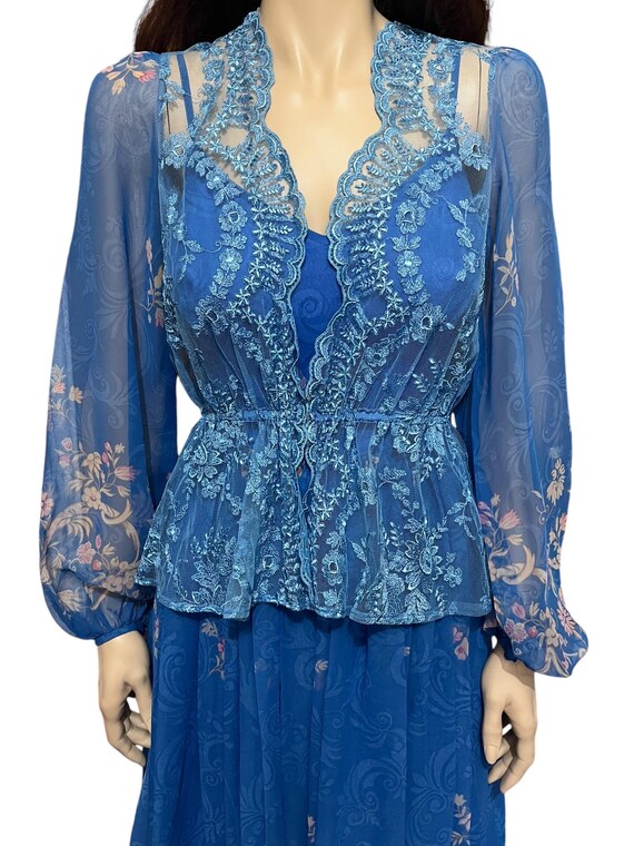 1970s strapless blue floral maxi dress and jacket, bl… - Gem