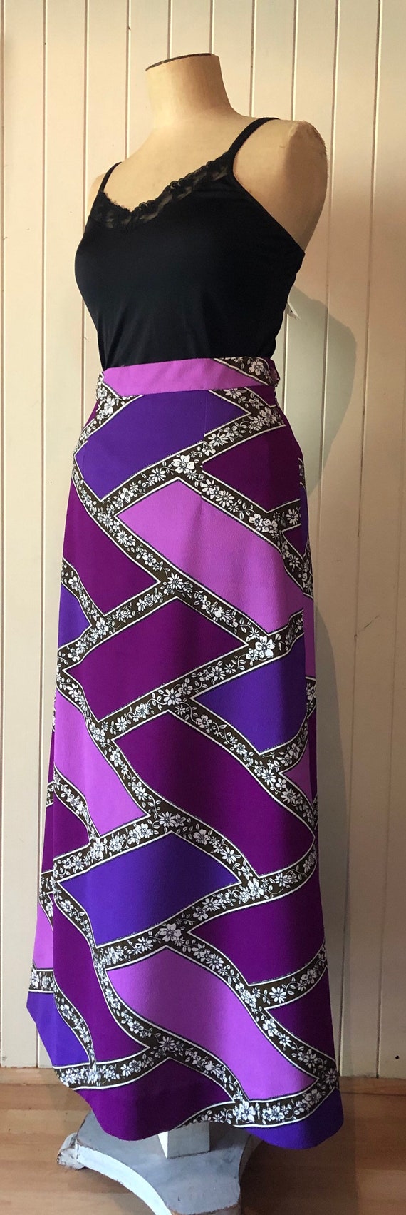 Pink purple and white Crimplene 1960s 60s purple and white Maxi skirt Aline long skirt Boho hippy festival folk