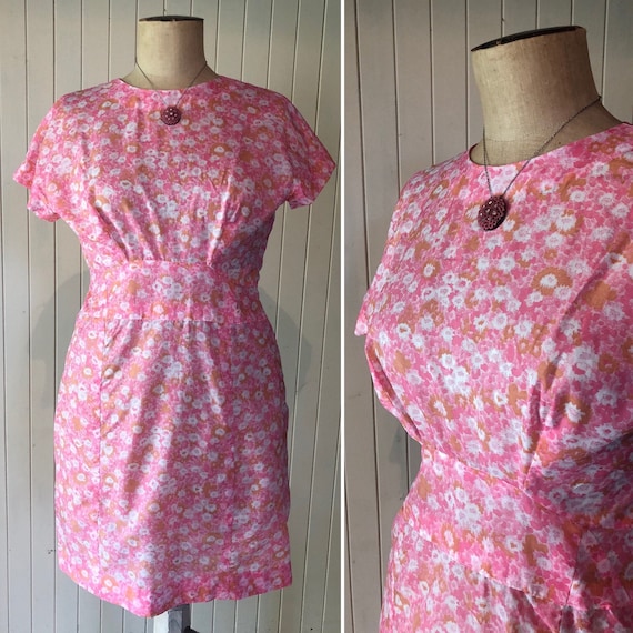 Vintage 1960s day dress, tea dress, pink and orang