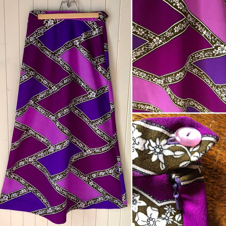 Pink purple and white Crimplene 1960s 60s purple and white Maxi skirt Aline long skirt Boho hippy festival folk