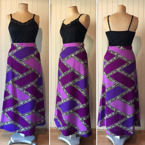 Pink purple and white Crimplene 1960s 60s purple and white Maxi skirt Aline long skirt Boho hippy festival folk