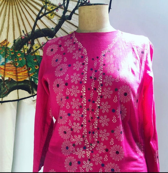 Vintage 60s 70s kaftan, hand painted pink dress, a