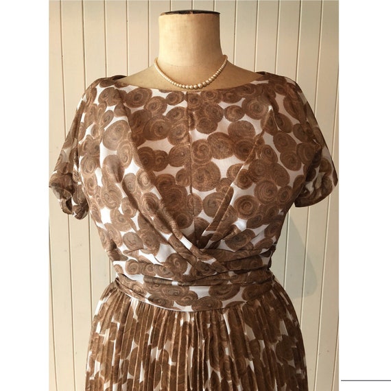 Vintage 50s dress, pleated, brown and white, women