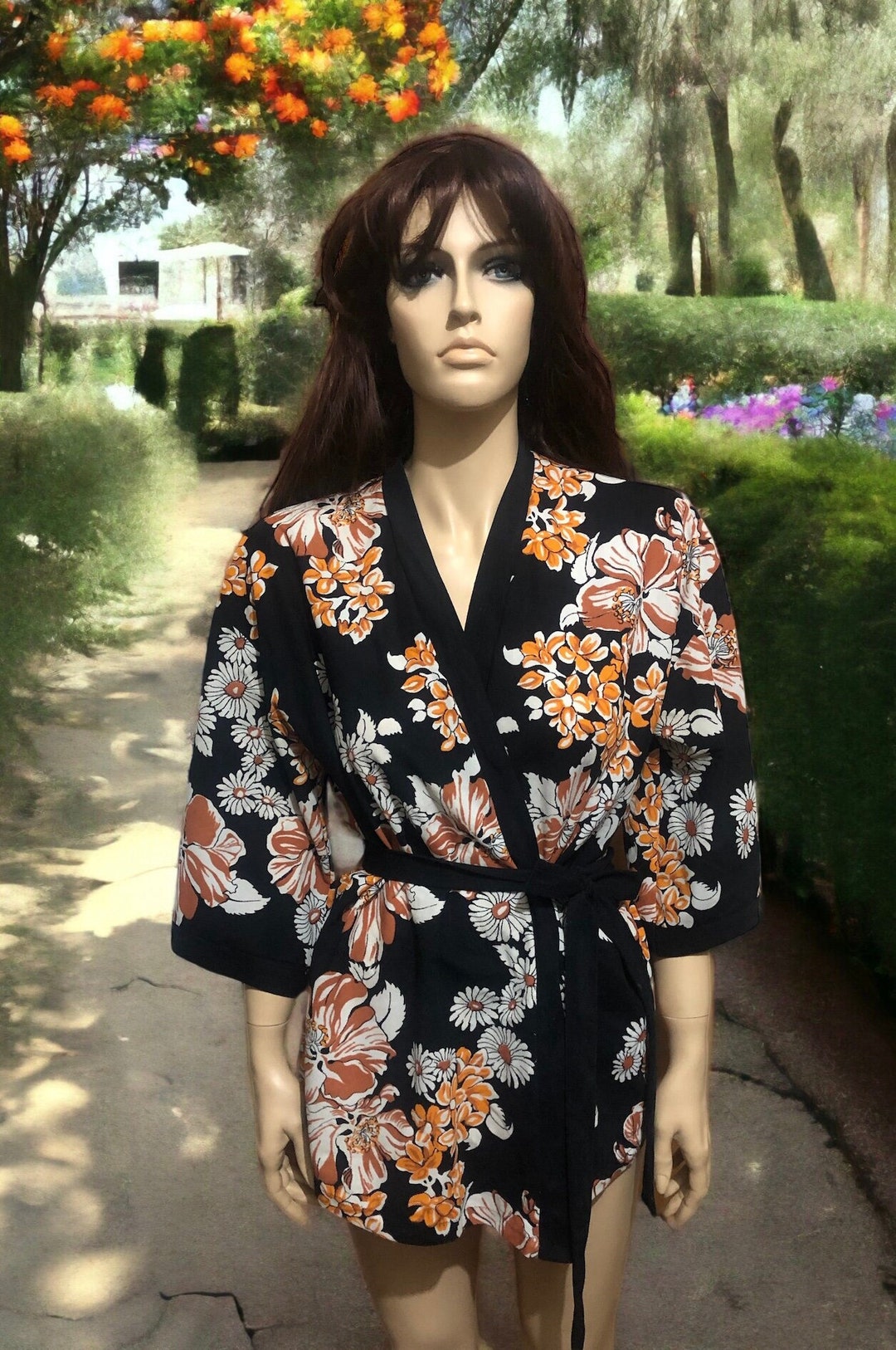 Black Floral Wrap Jacket Kimono Style Jacket 1970s Black Etsy