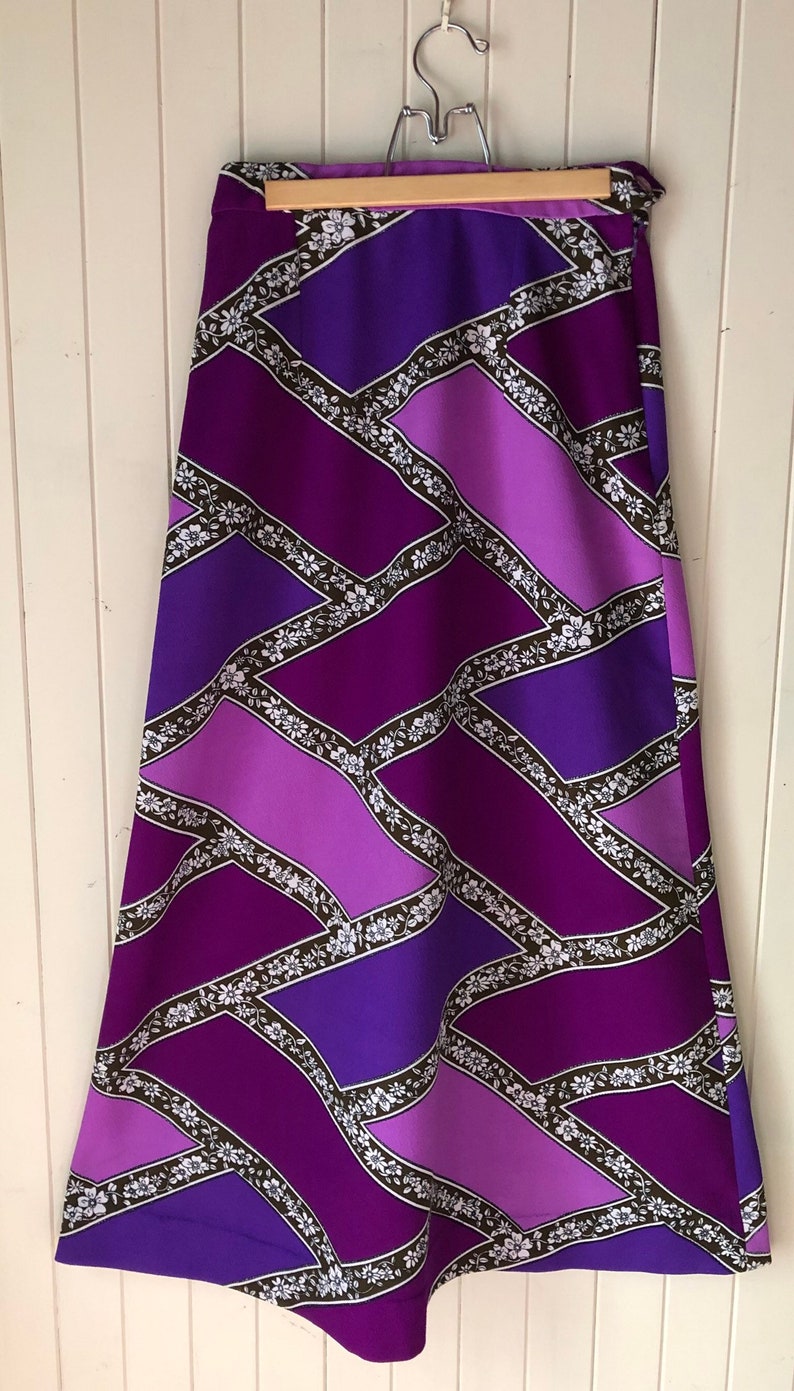 Pink purple and white Crimplene 1960s 60s purple and white Maxi skirt Aline long skirt Boho hippy festival folk