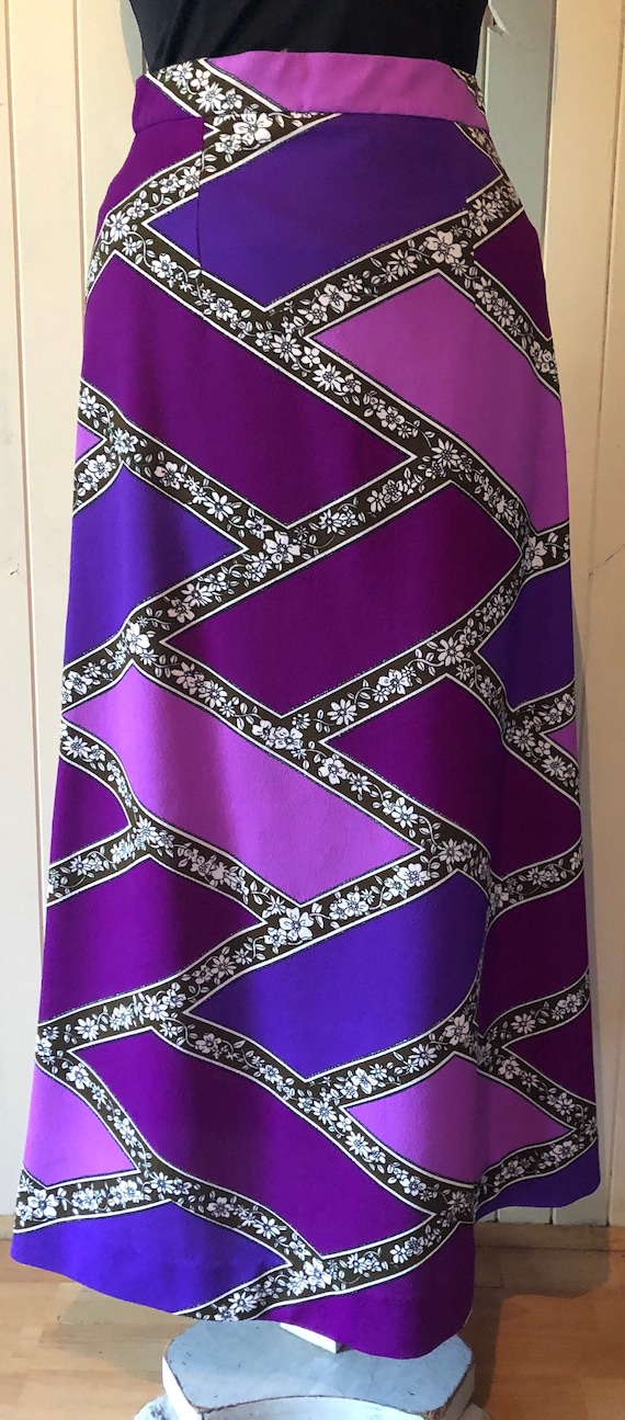 Pink purple and white Crimplene 1960s 60s purple and white Maxi skirt Aline long skirt Boho hippy festival folk