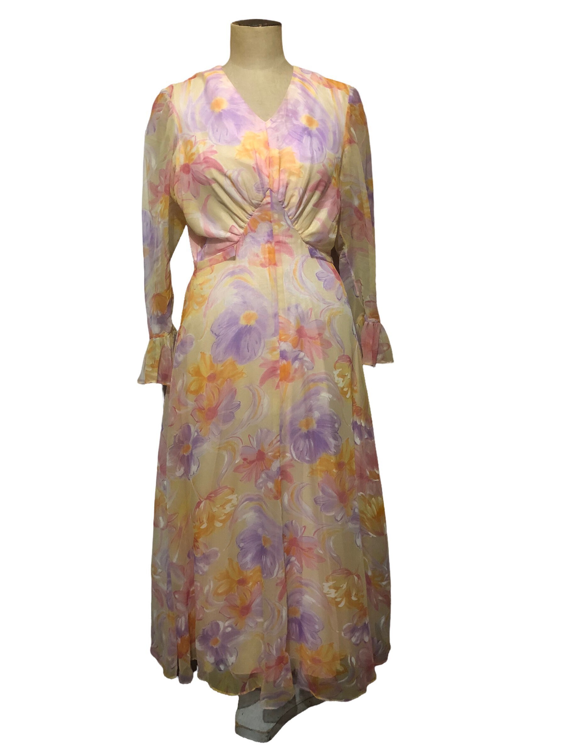 1970s floral maxi dress, chiffon maxi dress, bohemian vintage, floral festival