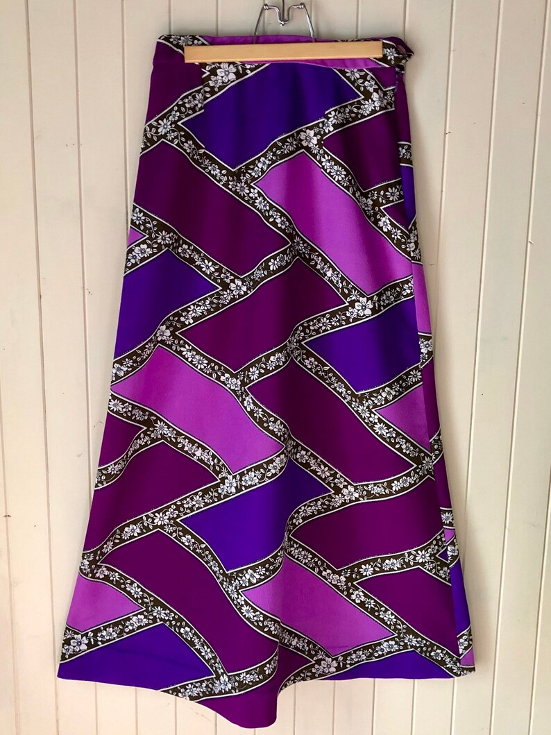 Pink purple and white Crimplene 1960s 60s purple and white Maxi skirt Aline long skirt Boho hippy festival folk
