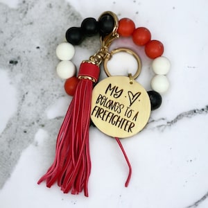 Personalized My Heart Belongs to A Firefighter Beaded Wristlet Keychain | Firefighter Wife Gift | Firefighter Mom | Thin Red Line