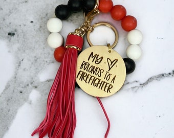 Personalized My Heart Belongs to A Firefighter Beaded Wristlet Keychain | Firefighter Wife Gift | Firefighter Mom | Thin Red Line