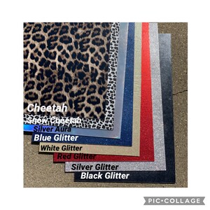 May include: A stack of patterned and glittered sheets. The top sheet features a cheetah print, followed by a silver aura, blue glitter, white glitter, red glitter, silver glitter, and black glitter sheet. Text labels each sheet.
