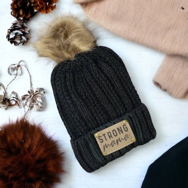 Black Personalized Leather Patch Stocking Hat I Leather Patch Beanie I Leather Patch Ladies Winter Hat I Personalized Hat