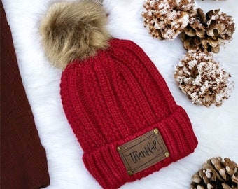 Dark Red Personalized Leather Patch Stocking Hat I Leather Patch Beanie I Leather Patch Ladies Winter Hat I Personalized Hat