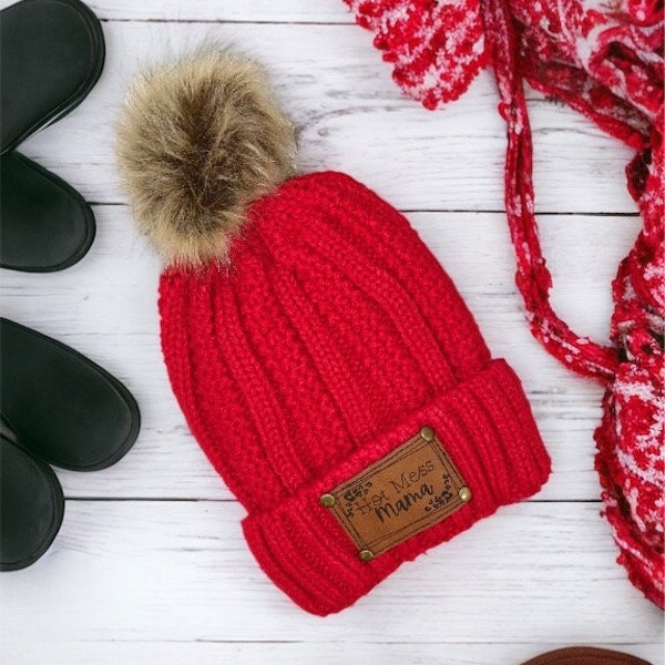 Red Personalized Leather Patch Stocking Hat I Leather Patch Beanie I Leather Patch Ladies Winter Hat I Personalized Hat