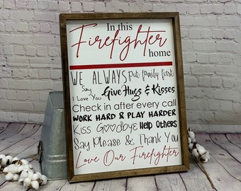 In This Firefighter Home | Farmhouse Sign | Firefighter Gift | Firefighter Decor | Fireman Sign | Gifts for Him| Thin Red Line Sign