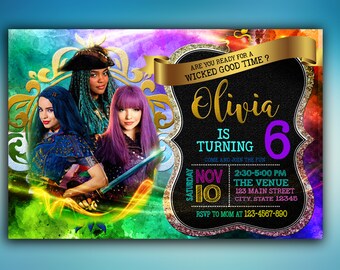 Descendants Invitation, Descendants 2, Disney Descendants Invite, Descendants Birthday, Disney Descendants Mal Evie Party, Descendants