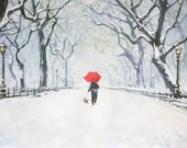 Art Print, New York City, Winter in Central Park, Travel Art Print, Fine Art Photography, Wall Decor, Red Umbrella, Central Park