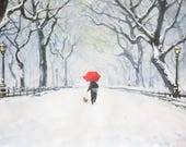 Art Print, New York City, Winter in Central Park, Travel Art Print, Fine Art Photography, Wall Decor, Red Umbrella, Central Park