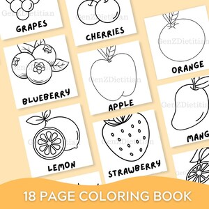 Printable Fruit Coloring Pages, 18 Coloring Pages with Theme of Fruit Names, Learn to Color, Printable Kids Coloring Activity for Preschool