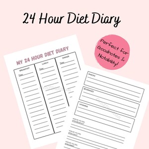 Afdrukbaar 24-uurs dieetdagboek en fitnessplanner Houd je dagelijkse voedselinname bij Gewichtsverliesgrafiek Maaltijdtracker en calorielogboek Gezondheidscadeau