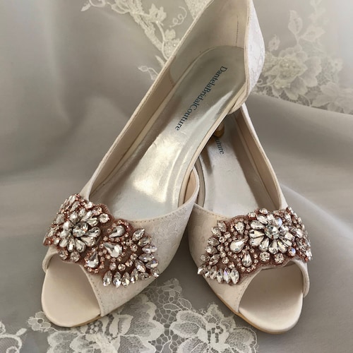Low Heel Boho Wedding Shoes Champagne Satin and Ivory Lace - Etsy
