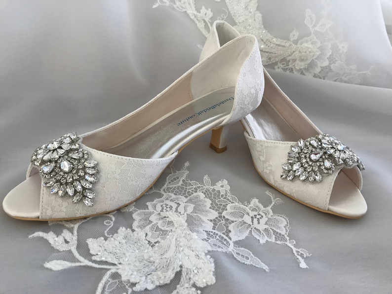 Low Heel Ivory Lace Shoes for the Bride, Bridal Shoes With Crystals and ...