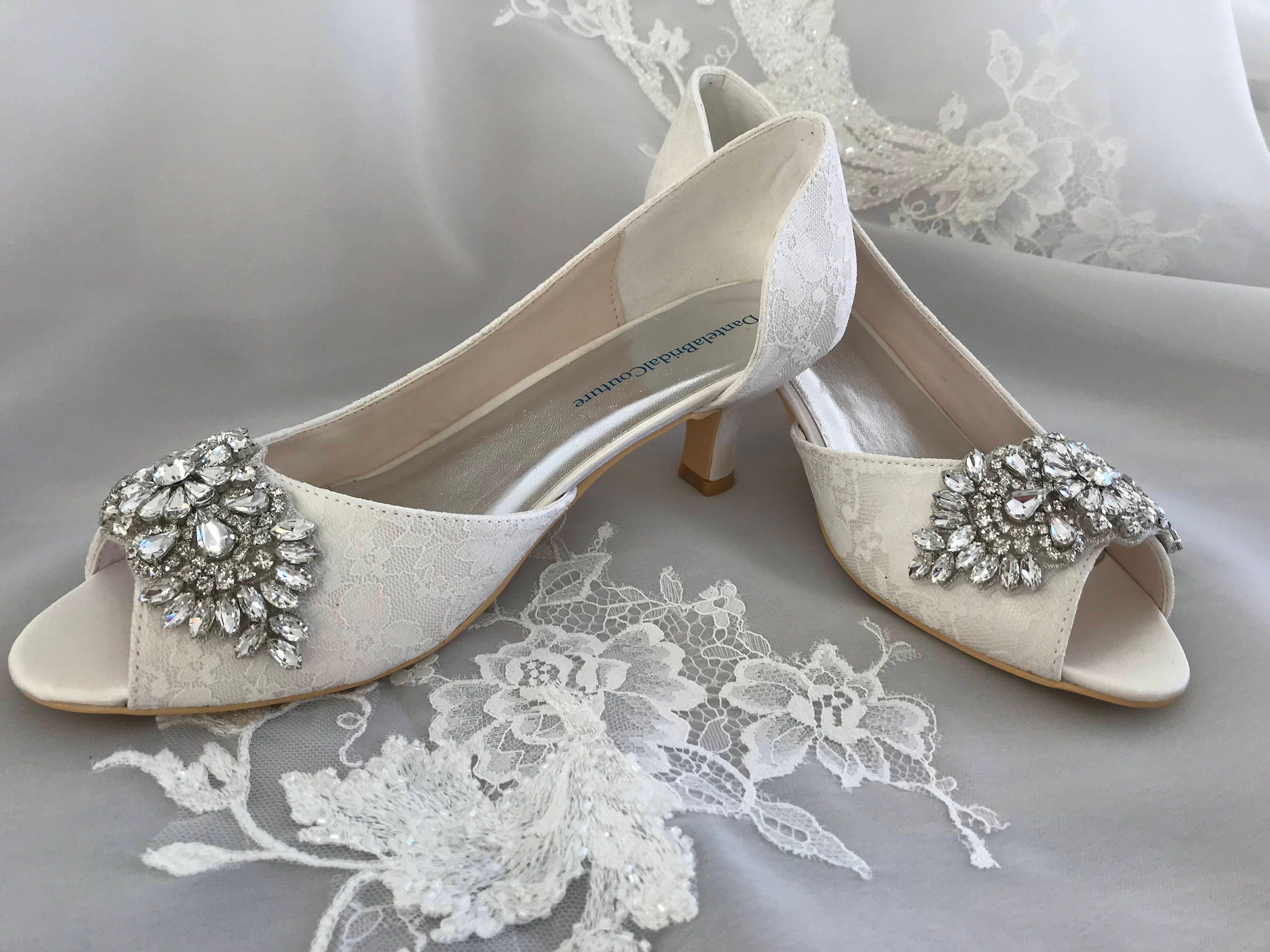 Low Heel Ivory Lace Shoes for the Bride, Bridal Shoes With Crystals and ...