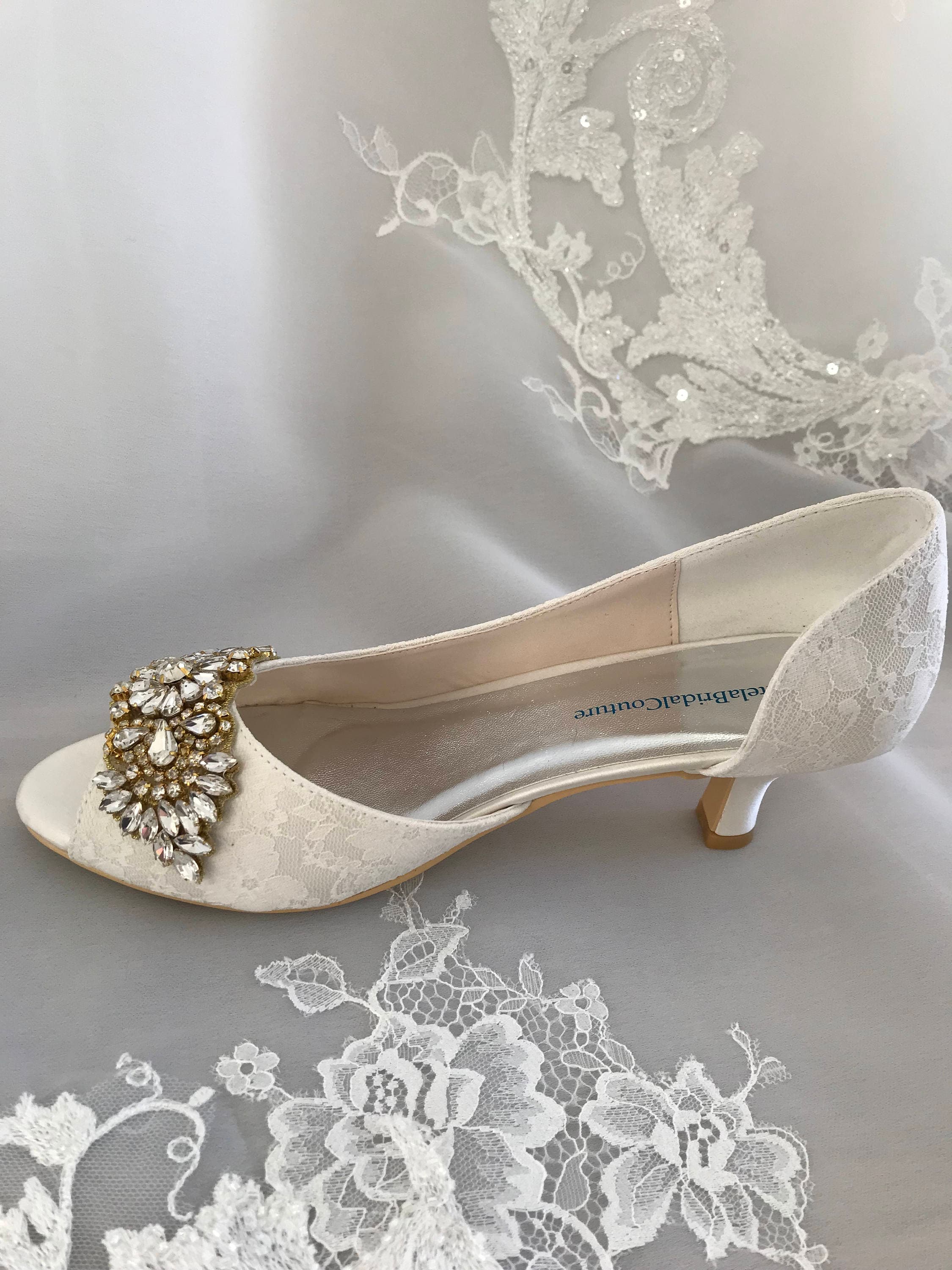 Bridal Shoes in Ivory Lace With Low Heel Crystals and - Etsy