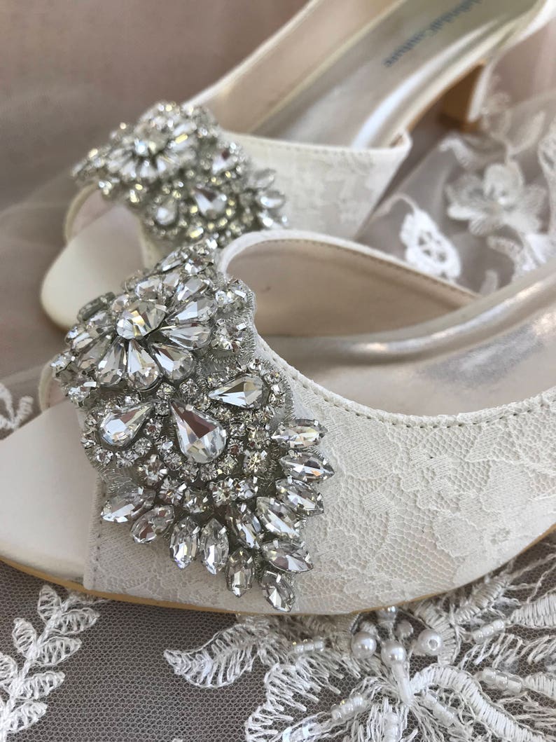 Low Heel Ivory Lace Shoes for the Bride, Bridal Shoes With Crystals and ...