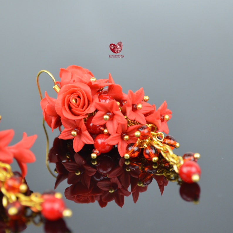 Long floral Charm Wedding boho classic Red Roses Earrings Brides flower Spring Summer jewelry gift for her Polymer Clay Jewellery