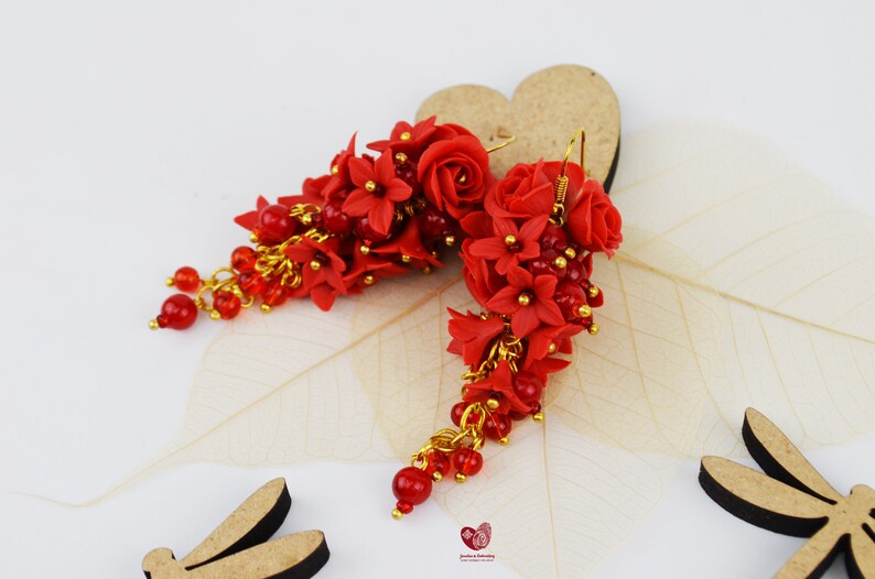 Long floral Charm Wedding boho classic Red Roses Earrings Brides flower Spring Summer jewelry gift for her Polymer Clay Jewellery
