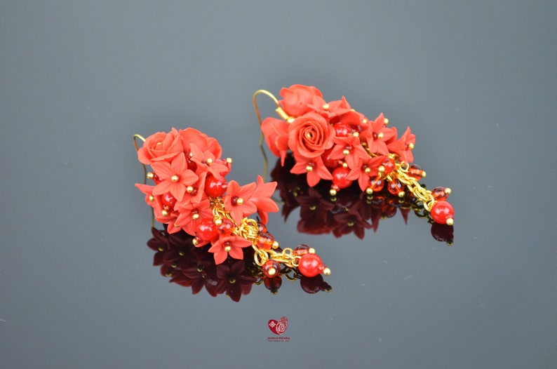 Long floral Charm Wedding boho classic Red Roses Earrings Brides flower Spring Summer jewelry gift for her Polymer Clay Jewellery