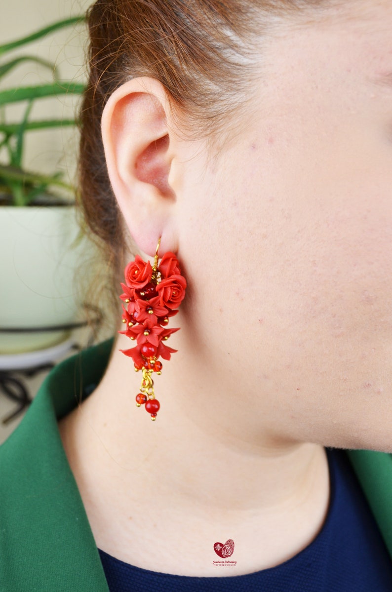 Long floral Charm Wedding boho classic Red Roses Earrings Brides flower Spring Summer jewelry gift for her Polymer Clay Jewellery