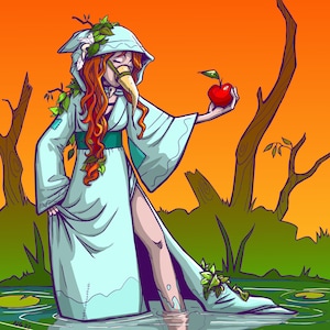 May include: A woman wearing a long, flowing white robe with a bird-like beak mask holds a red apple in her hand. She stands in a swampy area with green foliage and water.