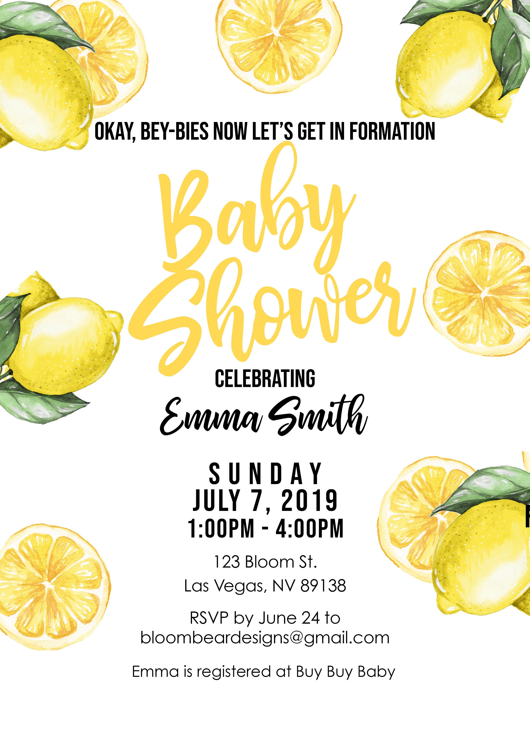 Lemonade Theme Baby Shower Invitation, Beyonce Theme, Printable ...