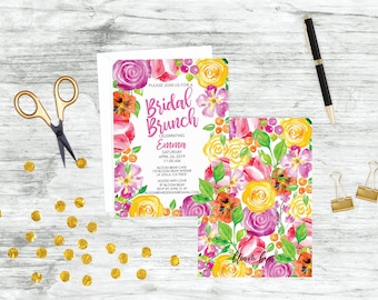 Bright Floral Watercolor Bridal Brunch Invitation, Printable, Customizable