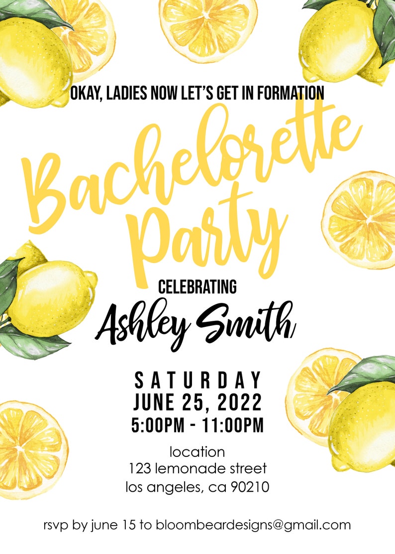 Lemonade Theme Bachelorette Party or Bridal Shower Invitation, Beyonce