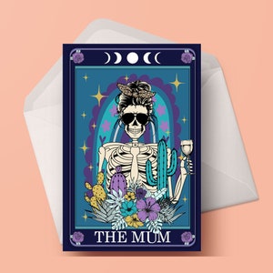 Lustige Tarot-Stil Skelett Grußkarten für Mütter für Mütter Geburtstag Muttertag Hund Kaffeetrinker Gärtner Buchliebhaber
