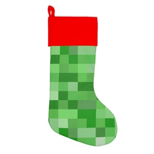 May include: A festive Christmas stocking with a red cuff and hanging loop. The main body of the stocking has a pixelated design in various shades of green. Ideal for the holiday season.