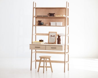 Boekenkastbureau, Scandinavische computertafel, boekenkast halverwege de eeuw modern, Scandinavisch bureau, houten bureau, ladderboekenplank, laptopbureau