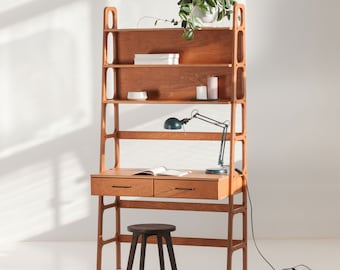 Boekenkastbureau, Scandinavisch computerbureau, Scandinavisch bureau, Houten bureau, Ladderboekenplank, Laptopbureau, Boekenkast uit het midden van de eeuw