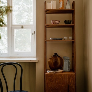 Mid Century Bookcase with Cabinet, Wooden bookcase, Vintage Ladder Bookshelf, Scandinavian Bookshelf, Japandi bookcase image 5