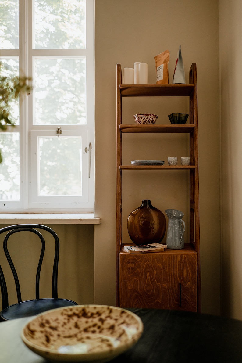 Mid Century Bookcase with Cabinet, Wooden bookcase, Vintage Ladder Bookshelf, Scandinavian Bookshelf, Japandi bookcase image 5