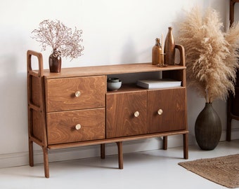 Aparador de madera, aparador de nogal moderno de mediados de siglo, aparador buffet, consola multimedia de soporte de televisión, buffet de aparador, decoración del hogar, credenza