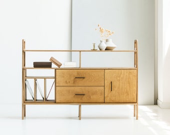 Minimalist Sideboard: Mid Century Modern Media Console, Turntable Stand, Solid Wood Vinyl Record Storage, Tv stand