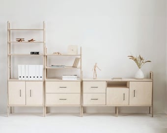 Mid Century Modern Plywood Bookcase with Drawers: Modular Wall Unit