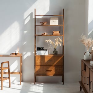 Bibliothèque minimaliste, meubles modernes du milieu du siècle, bibliothèque moderne du milieu du siècle, bois de bibliothèque, échelle de bibliothèque, étagère, décor scandinave