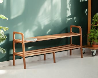 Banc du milieu du siècle, banc d’entrée, rangement de chaussures du milieu du siècle, banc en bois, banc scandinave, banc de rangement d’entrée, meubles faits à la main