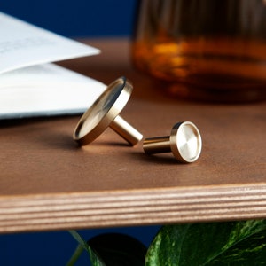 Può includere: Due pomelli in metallo dorato con una parte superiore rotonda e piatta e una base cilindrica. I pomelli sono su una superficie di legno marrone.
