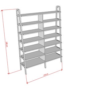 Dimension diagram of the wide mid century modern wooden bookcase showing height 190 cm, depth 40 cm and width options from 97 to 189 cm.